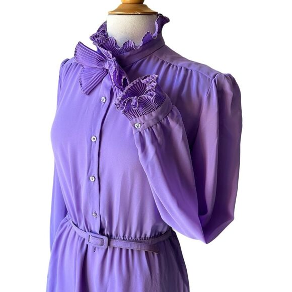 Vintage Lavender Purple Ruffle High Neck 1980s Victorian inspired Midi Dress - L - Picture 5 of 11